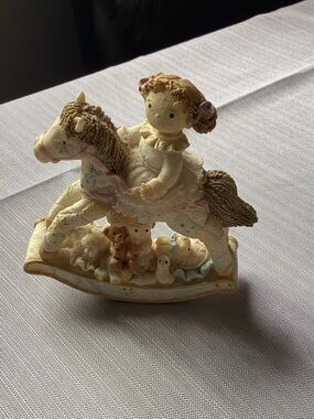 Vintage 90s Enesco Resin Figure Ragdoll on Rocking Horse